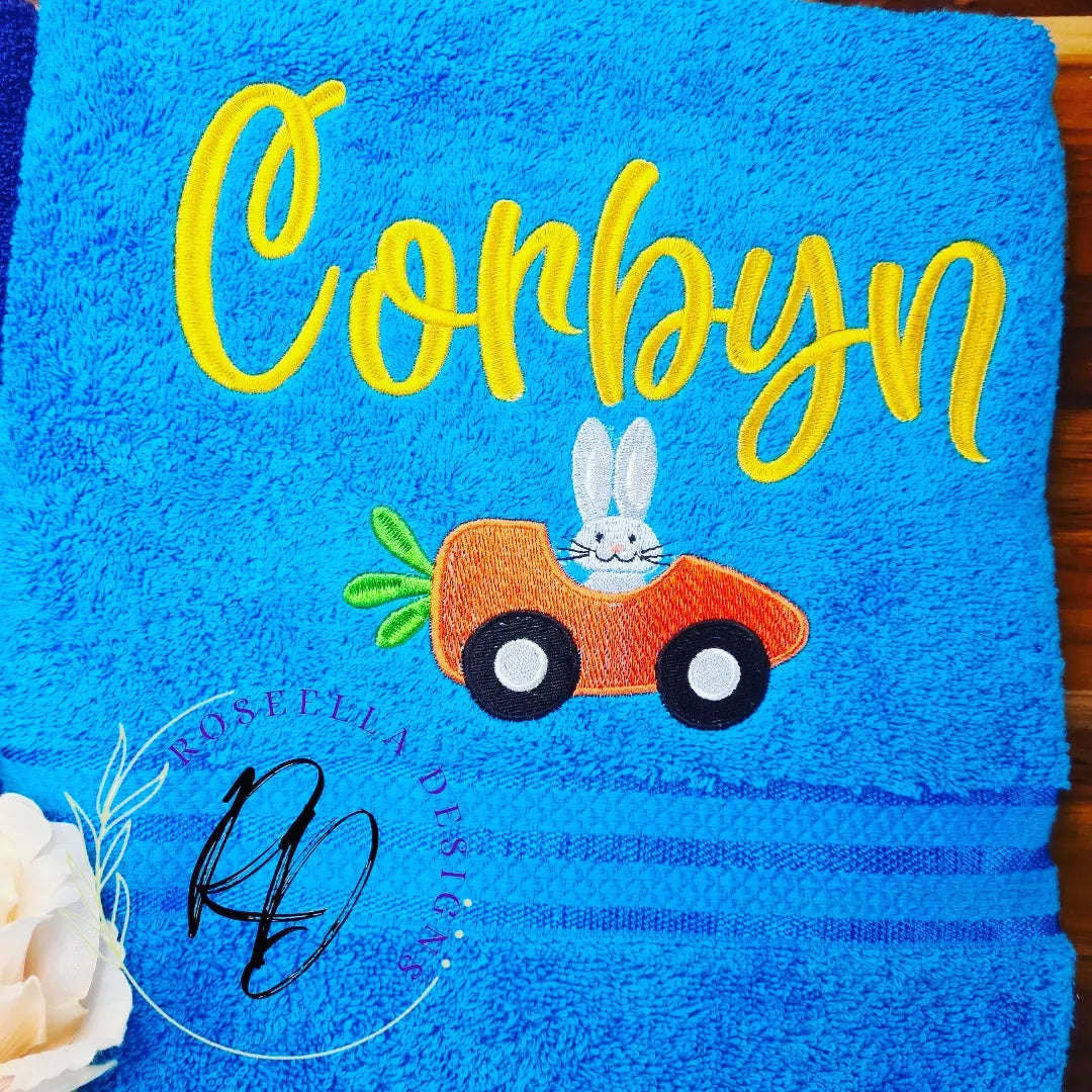 Personalised Embroidered Bunny Carrot Car Bath Towel