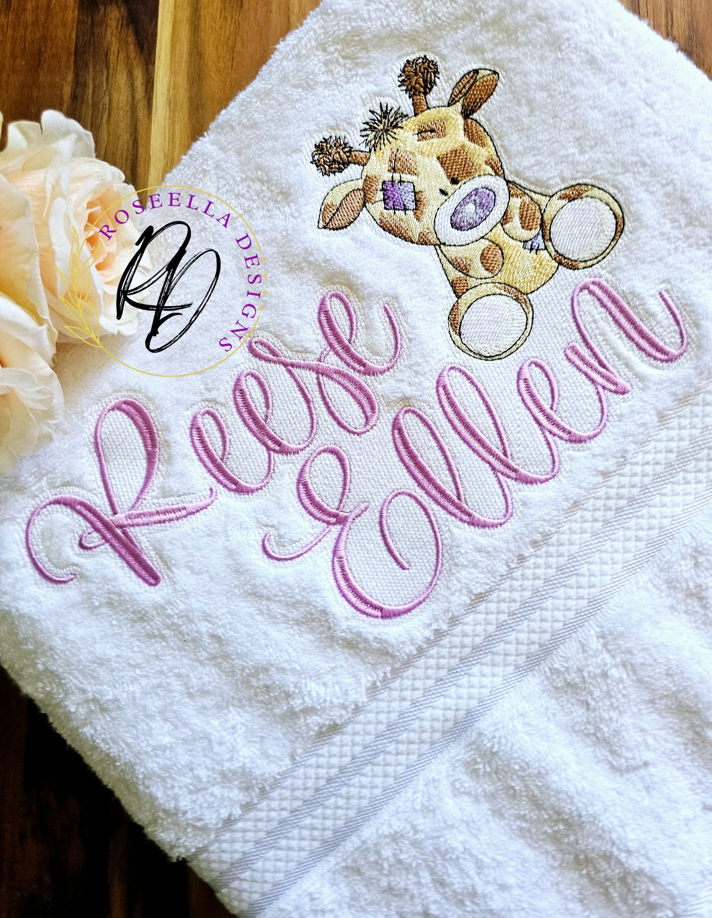 Personalised Embroidered Giraffe Bath Towel (4 Design Colour Options)