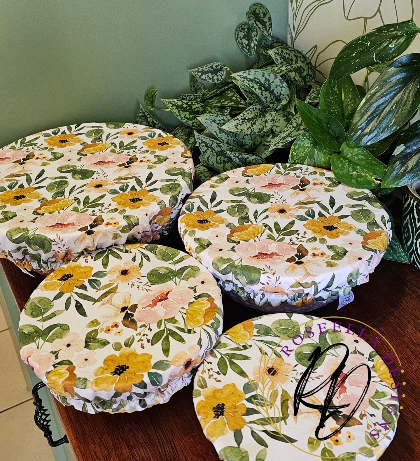 ~Floral Green ~ Reusable Bowl Cover BUNDLE 4 sizes