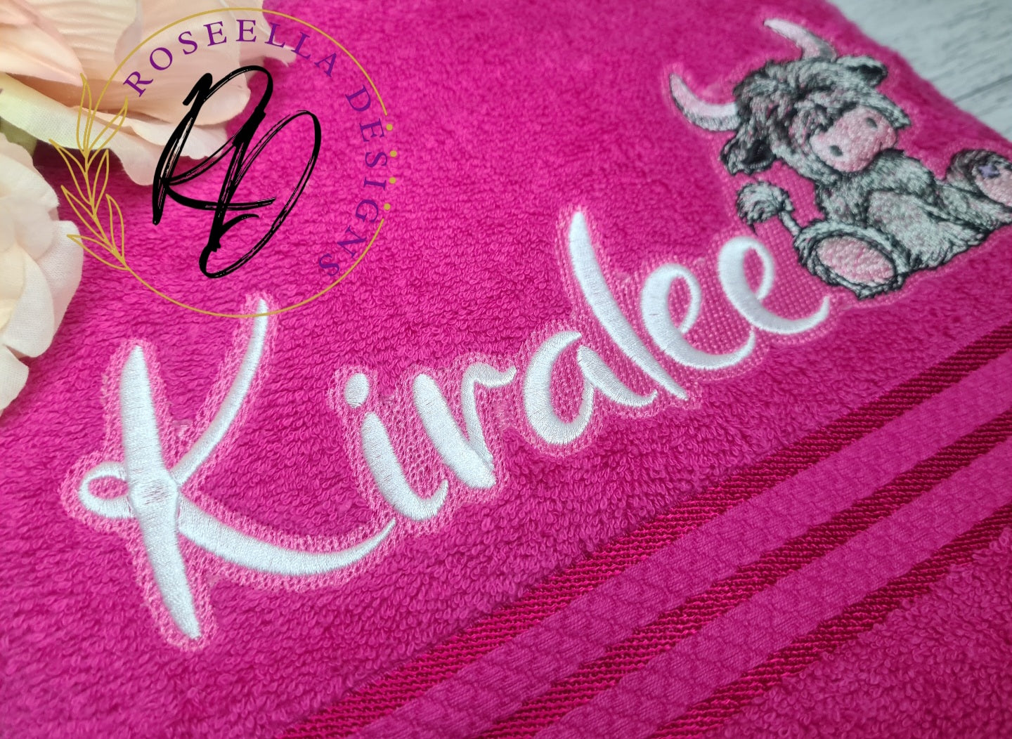 Personalised Embroidered PINK Designs Highland bath Towel