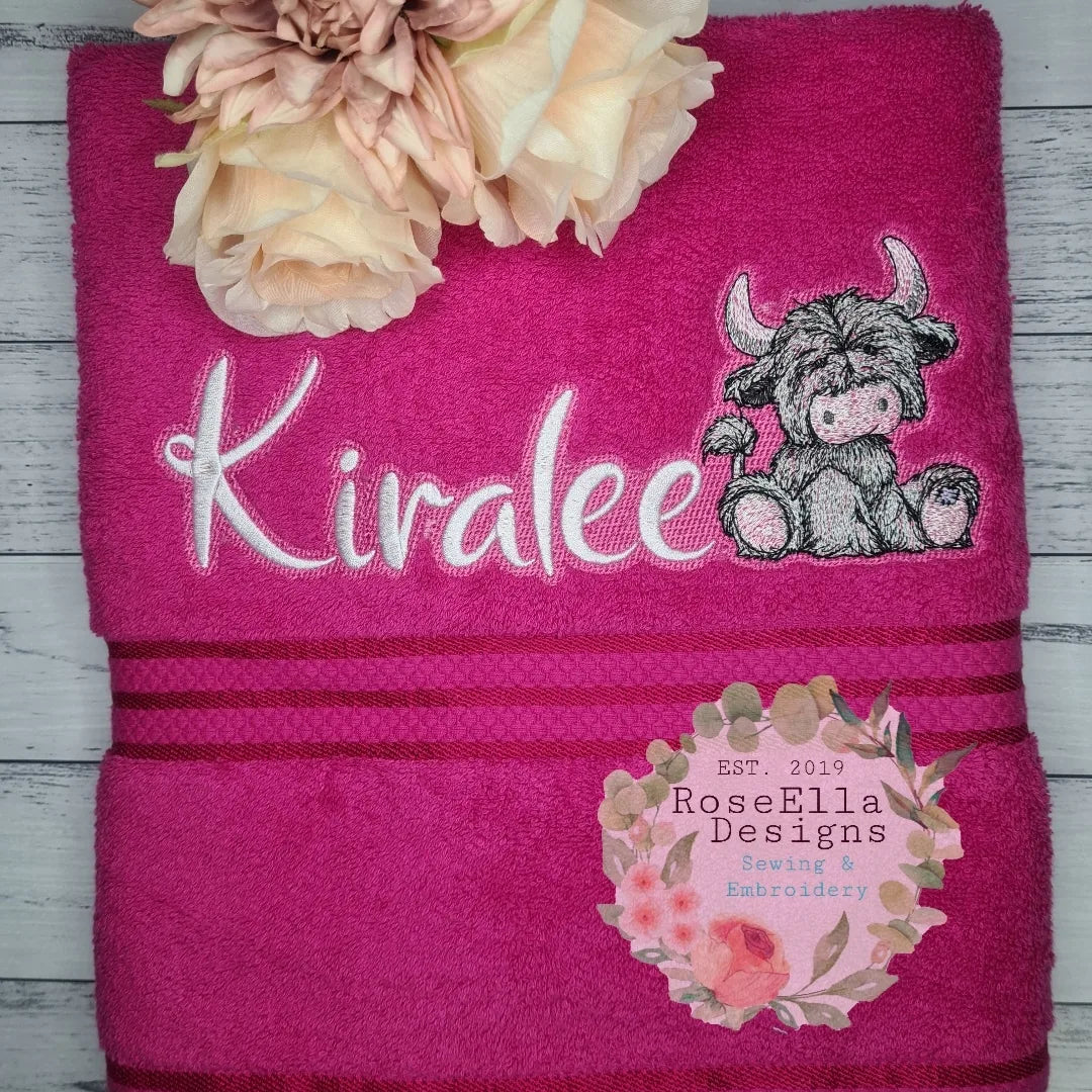 Personalised Embroidered PINK Designs Highland bath Towel
