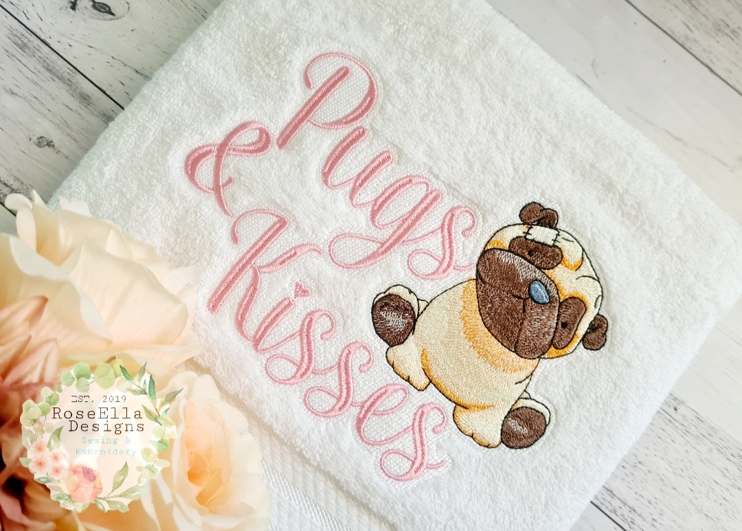 "Pugs & Kisses" Embroidered Bath Towel
