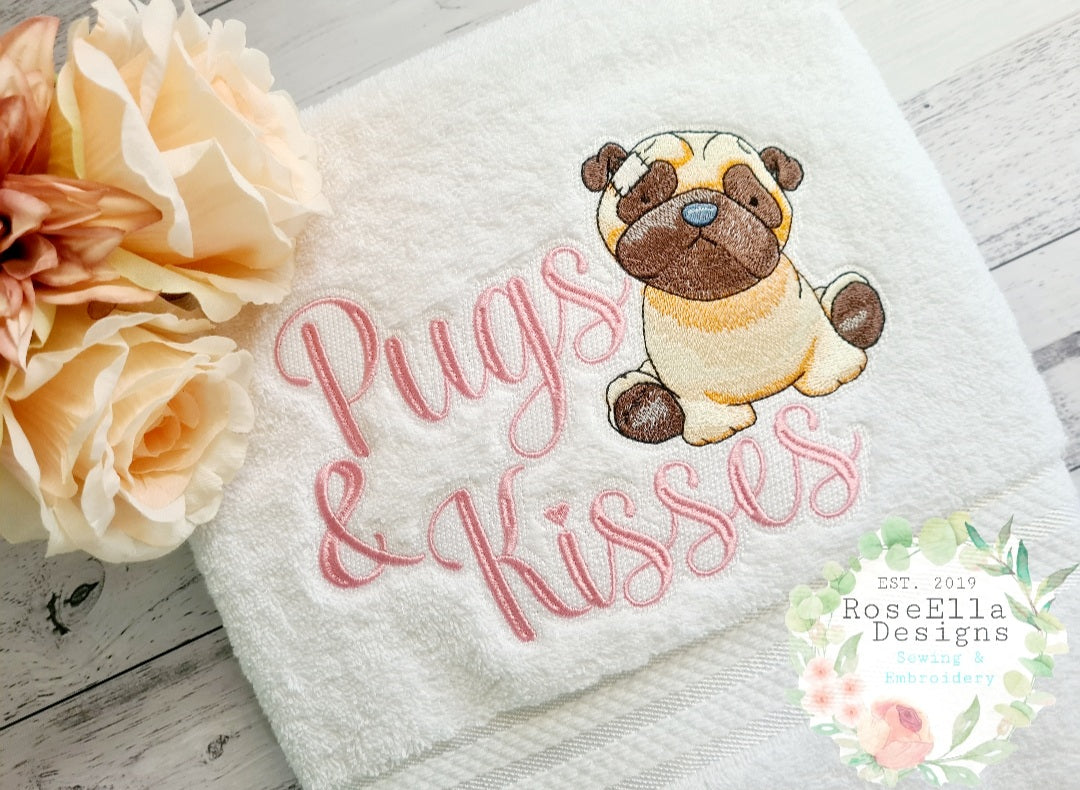 "Pugs & Kisses" Embroidered Bath Towel