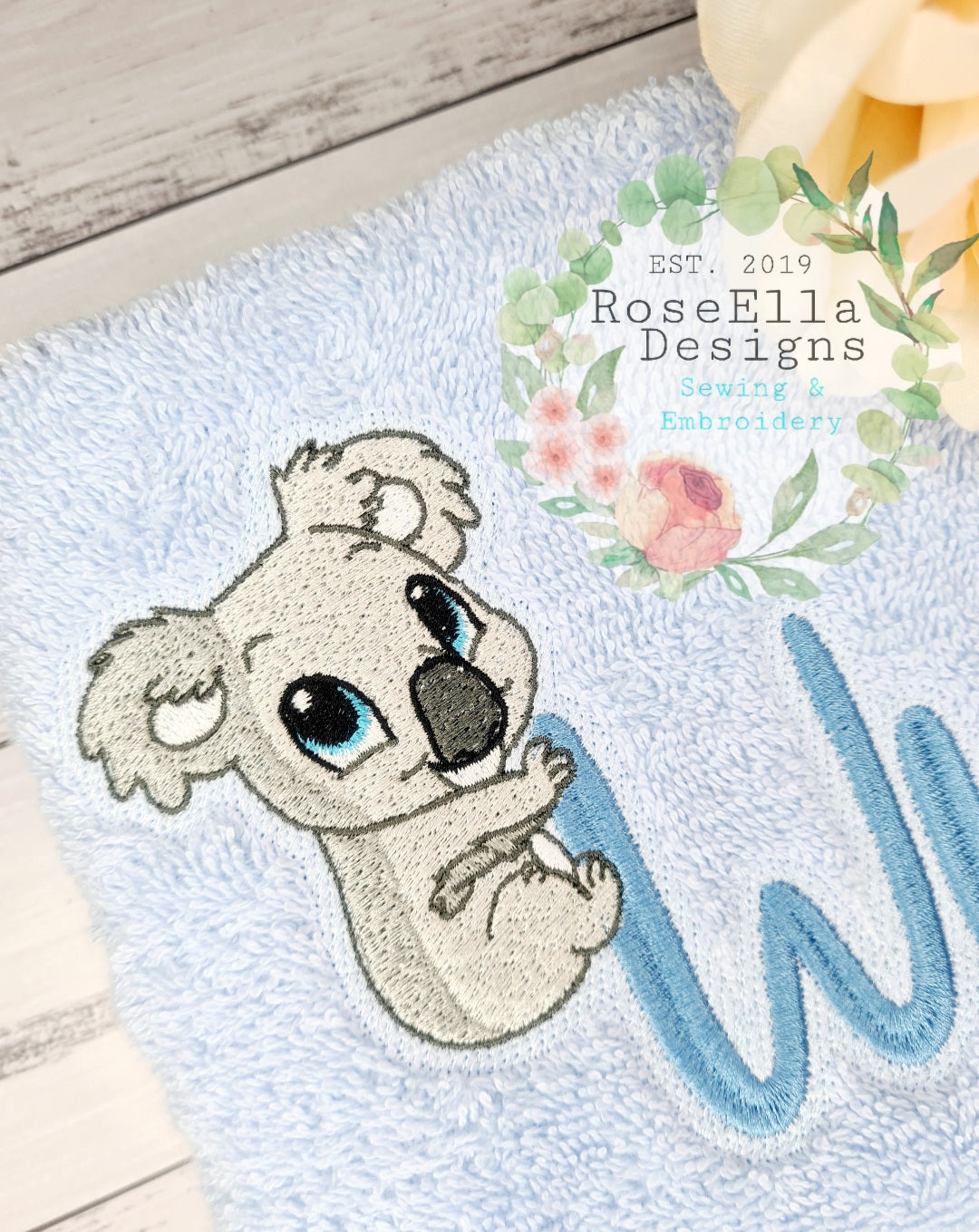 Personalised Embroidered Koala Bath Towel With Two Designs