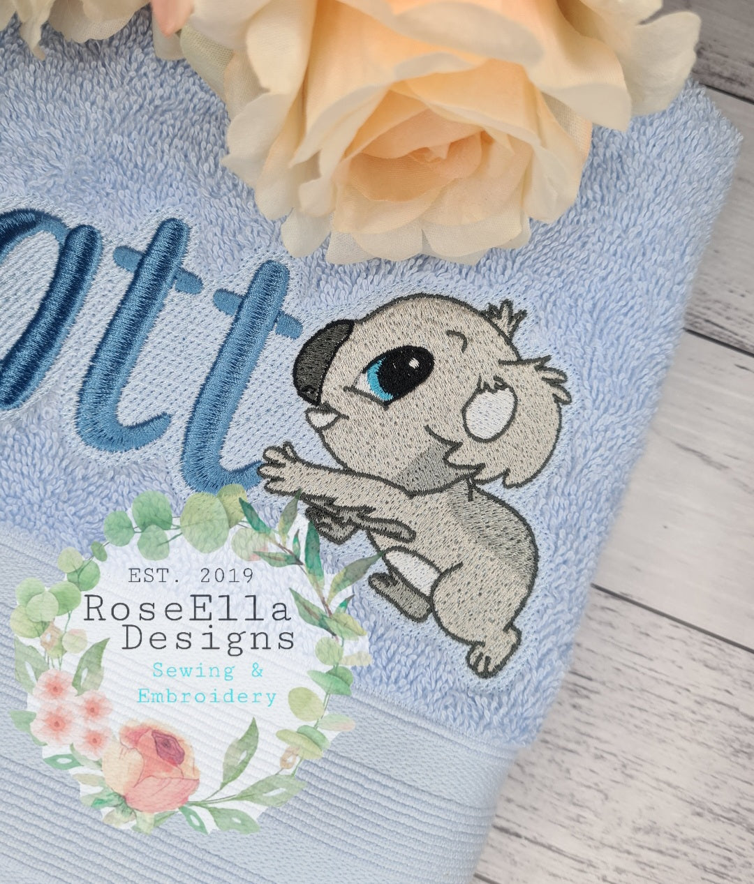 Personalised Embroidered Koala Bath Towel With Two Designs