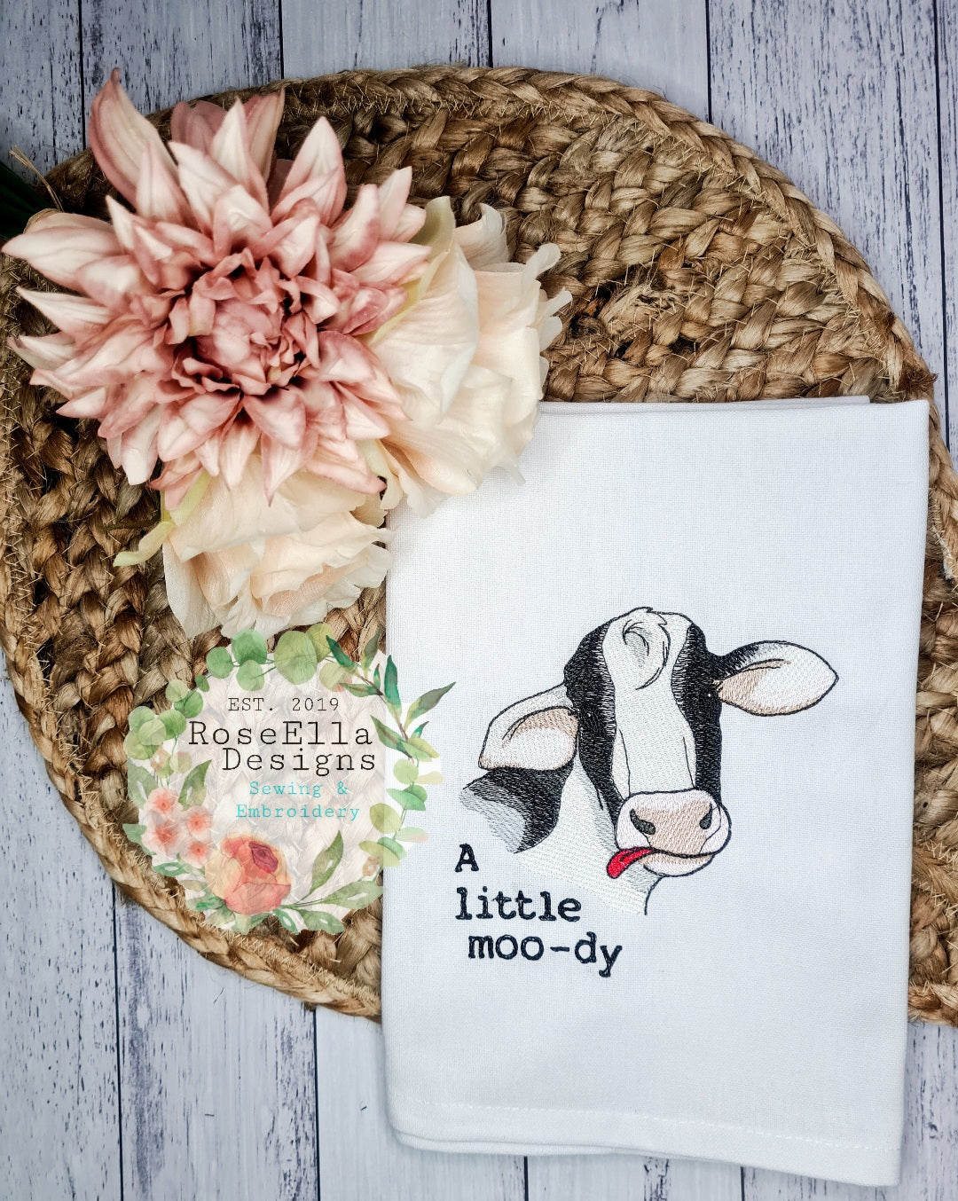 Embroidered Cotton Tea towel "A Little Moo-dy"