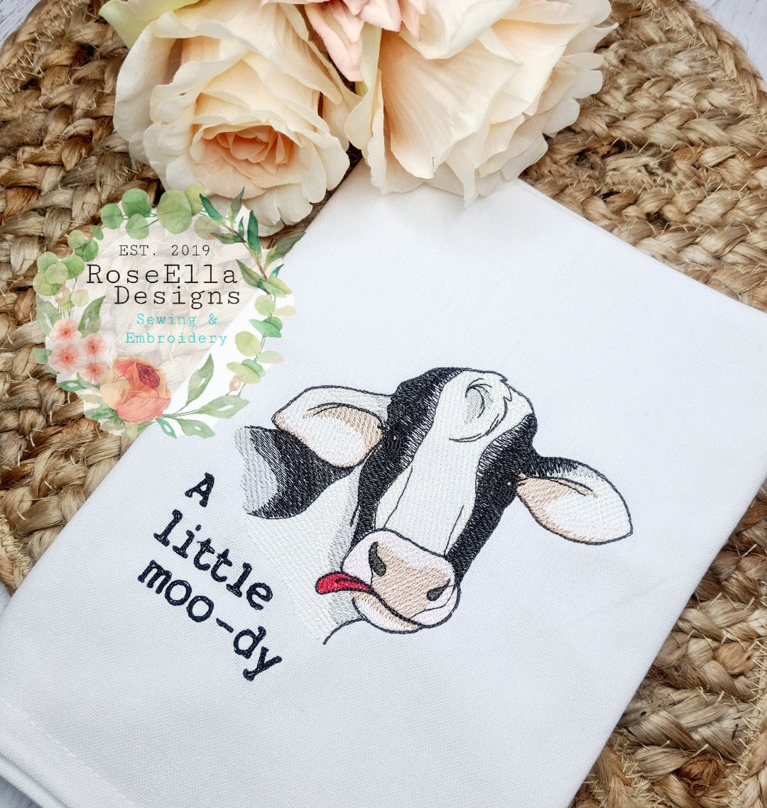 Embroidered Cotton Tea towel "A Little Moo-dy"