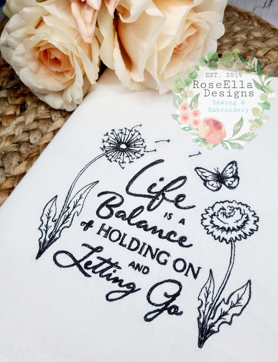 Embroidered Cotton Tea towel "Life Is A Balance"