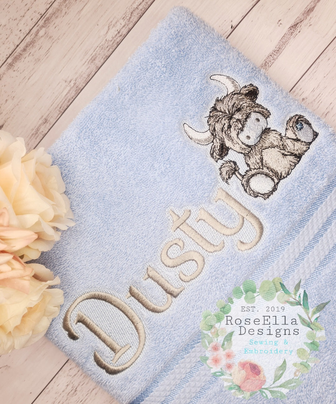 Personalised Embroidered BLUE Design Highland bath Towel