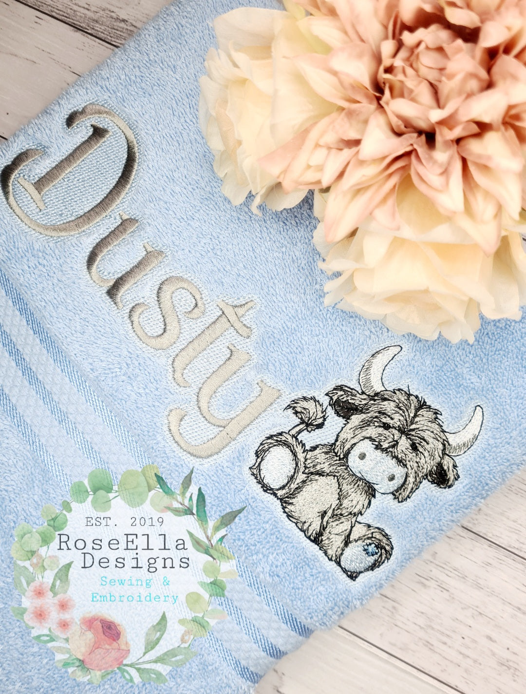 Personalised Embroidered BLUE Design Highland bath Towel