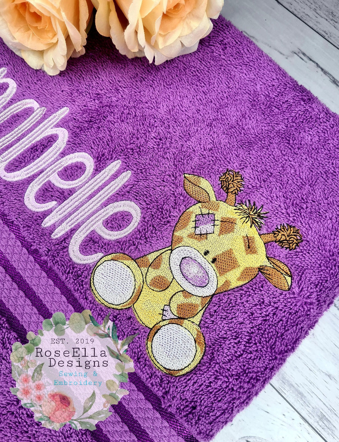 Personalised Embroidered Giraffe Bath Towel (4 Design Colour Options)