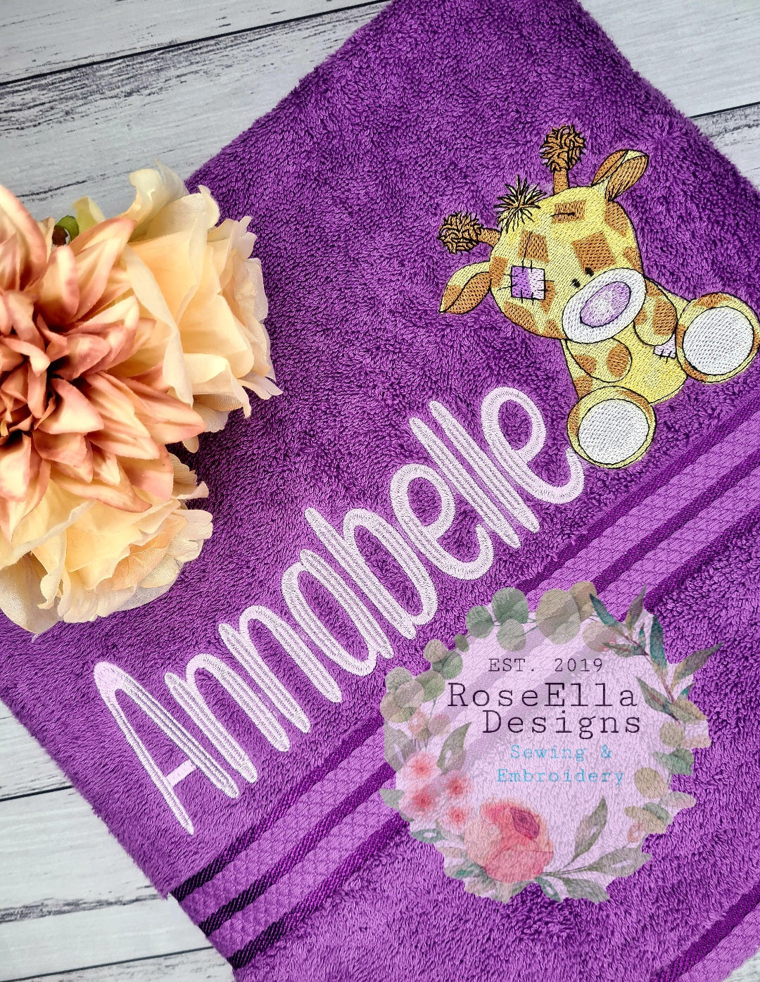 Personalised Embroidered Giraffe Bath Towel (4 Design Colour Options)