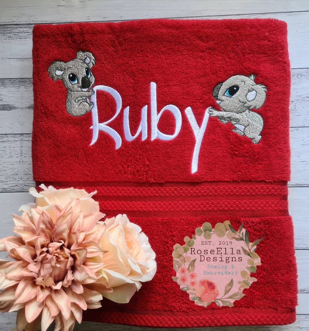 Personalised Embroidered Koala Bath Towel With Two Designs