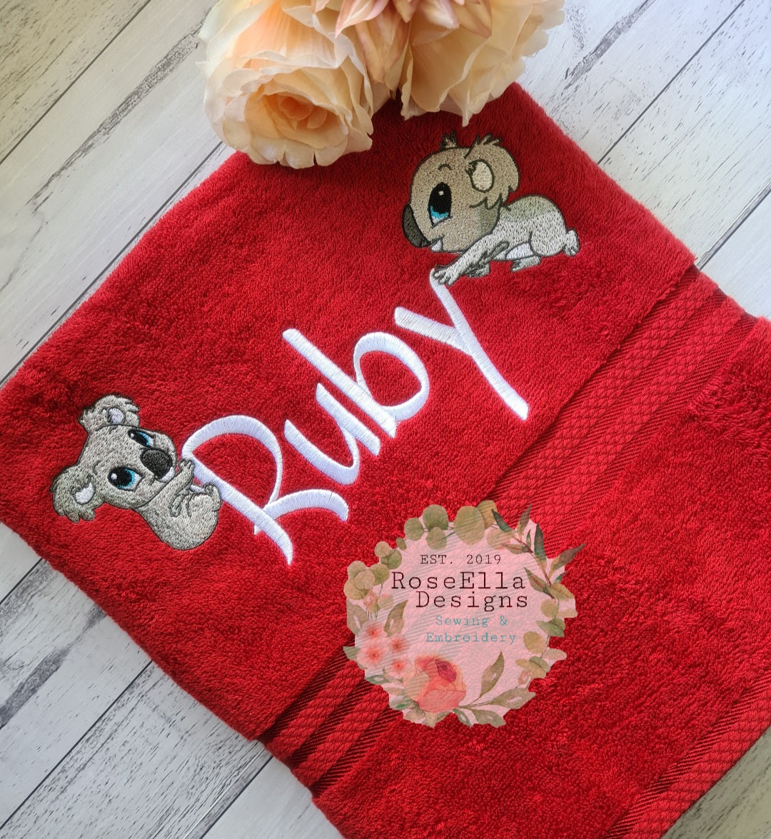 Personalised Embroidered Koala Bath Towel With Two Designs