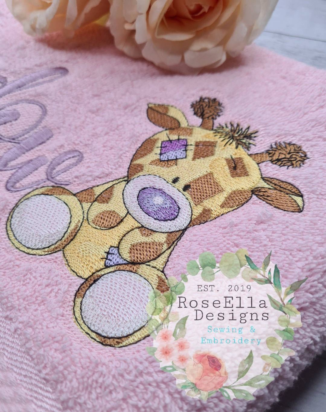 Personalised Embroidered Giraffe Bath Towel (4 Design Colour Options)