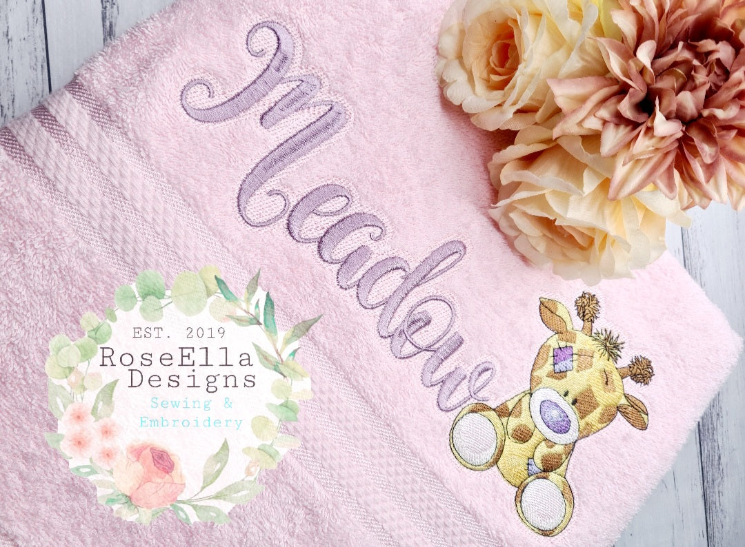 Personalised Embroidered Giraffe Bath Towel (4 Design Colour Options)
