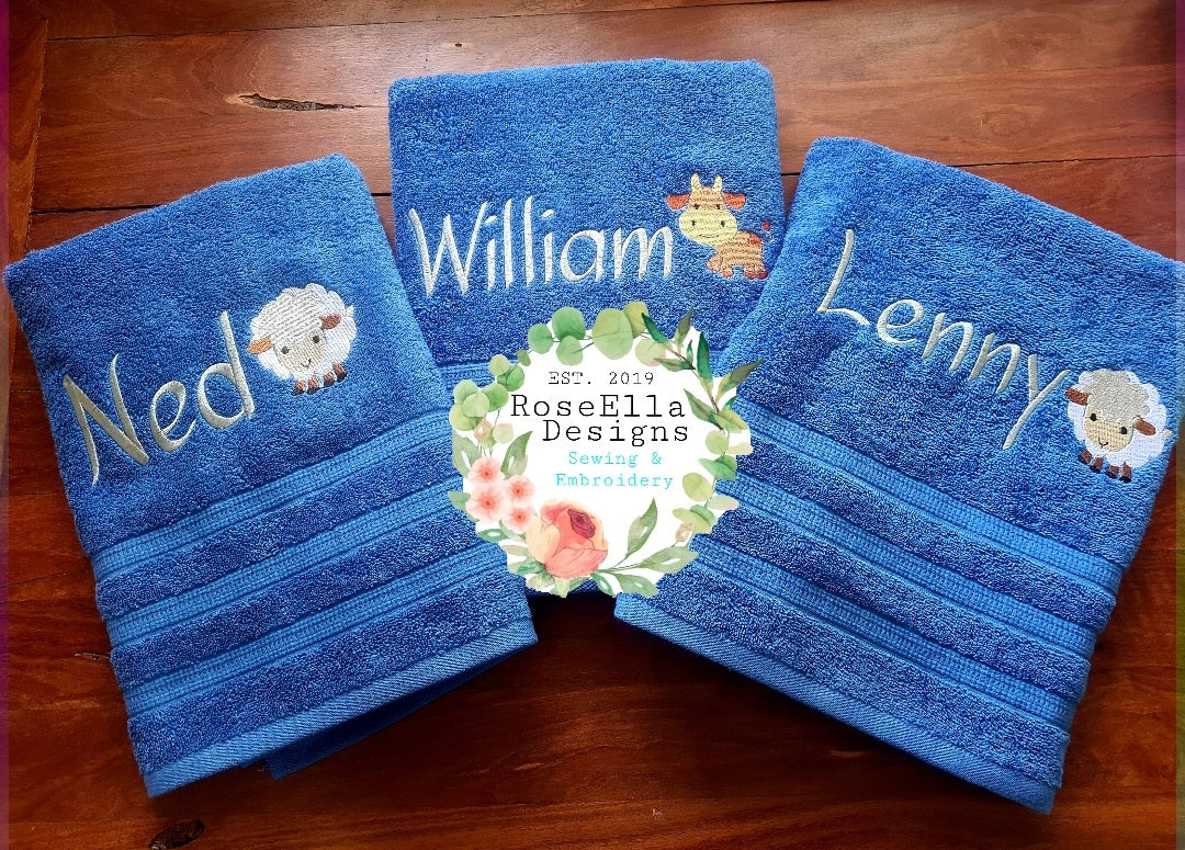 Personalised Embroidered Farm Animals Bath Towel (8 Design Options)