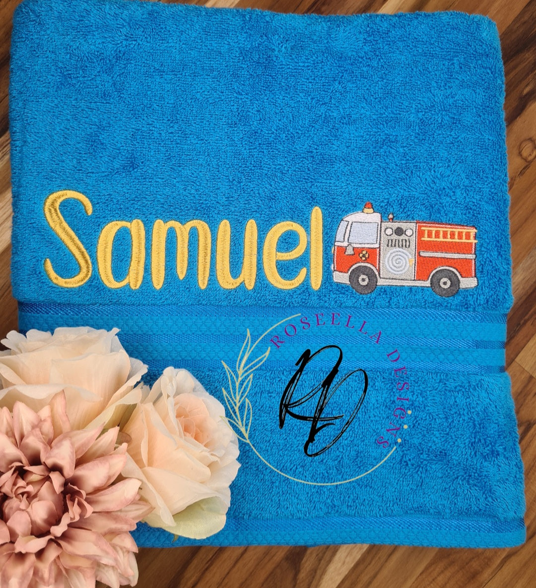 Personalised Embroidered Fire Truck Bath Towel