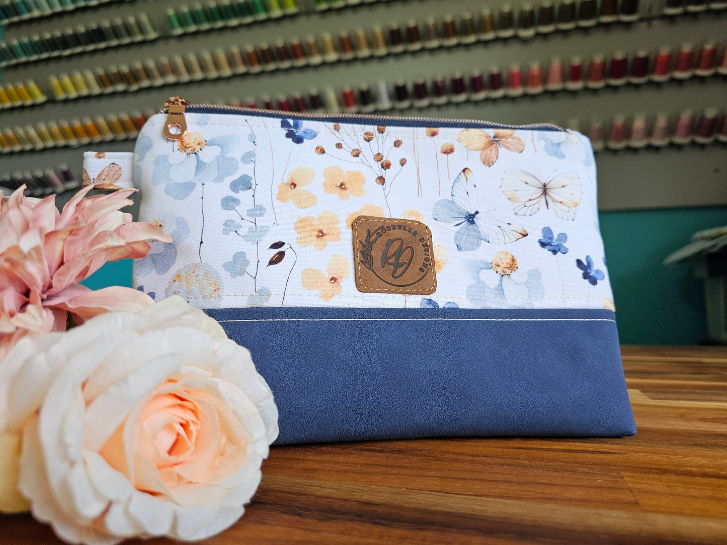 Medium Navy Butterfly Floral Toiletry / Makeup Bag