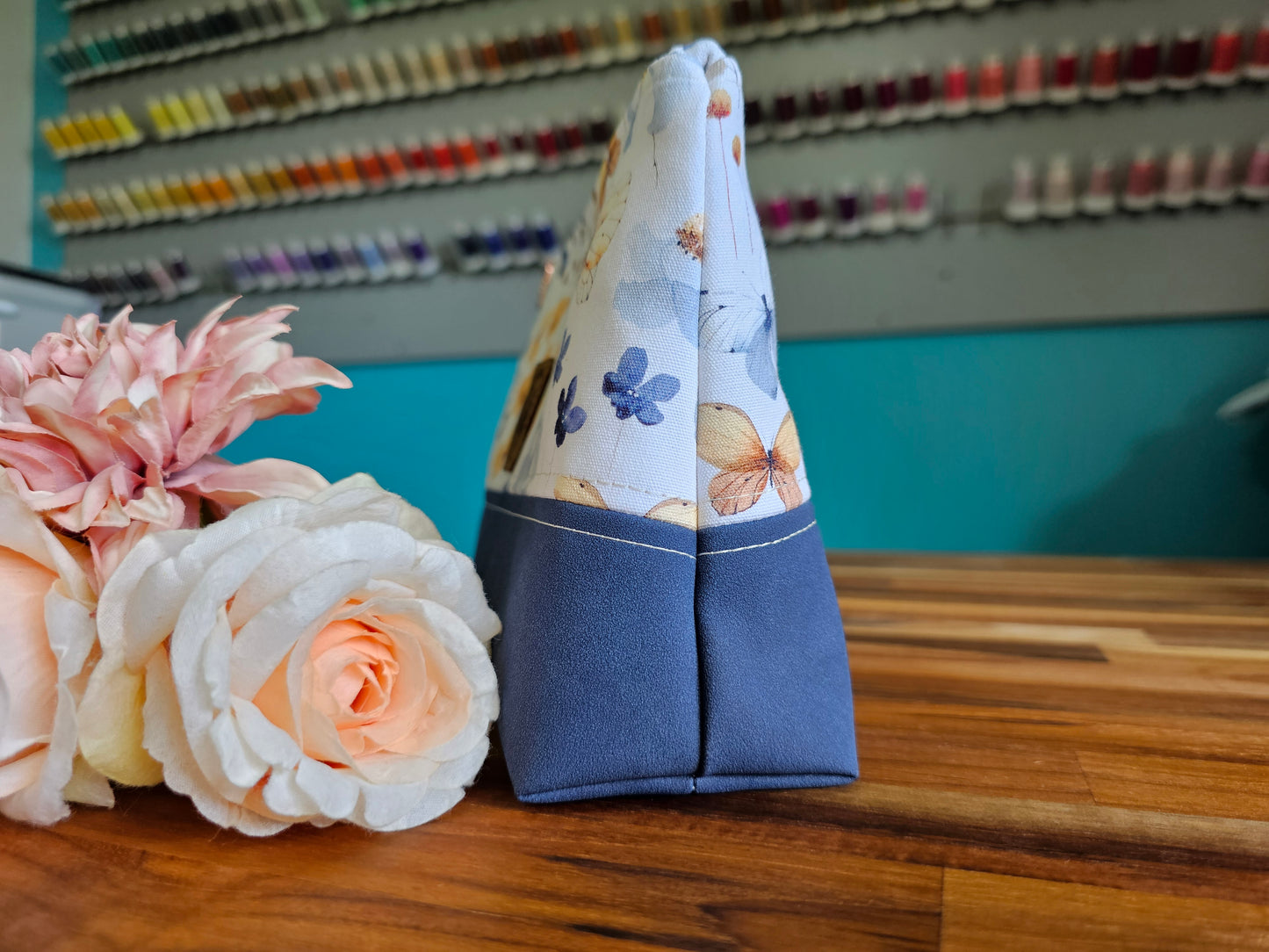 Medium Navy Butterfly Floral Toiletry / Makeup Bag