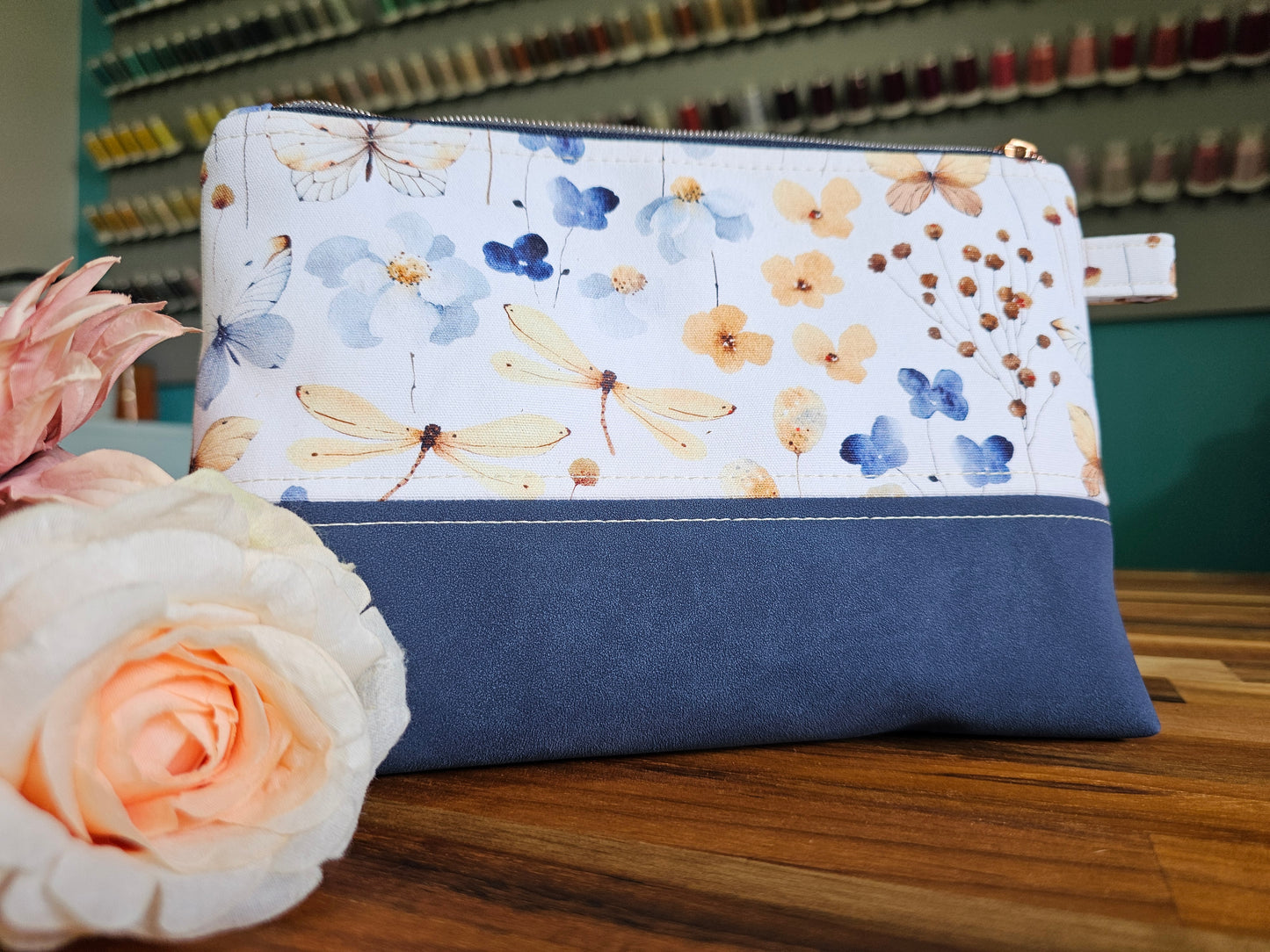 Medium Navy Butterfly Floral Toiletry / Makeup Bag