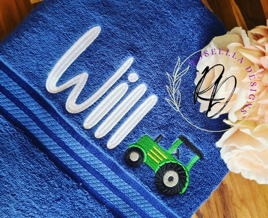 Personalised Embroidered Tractor Bath Towel (4 Design Options)
