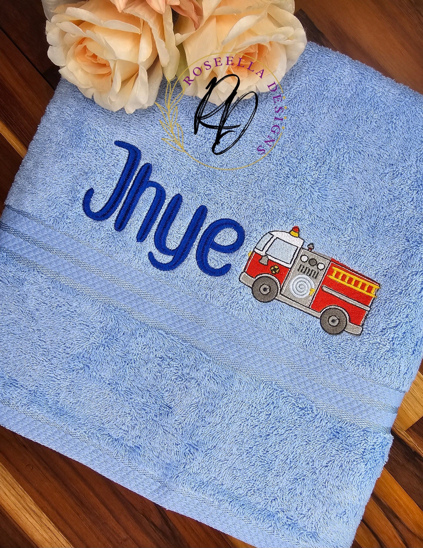 Personalised Embroidered Fire Truck Bath Towel