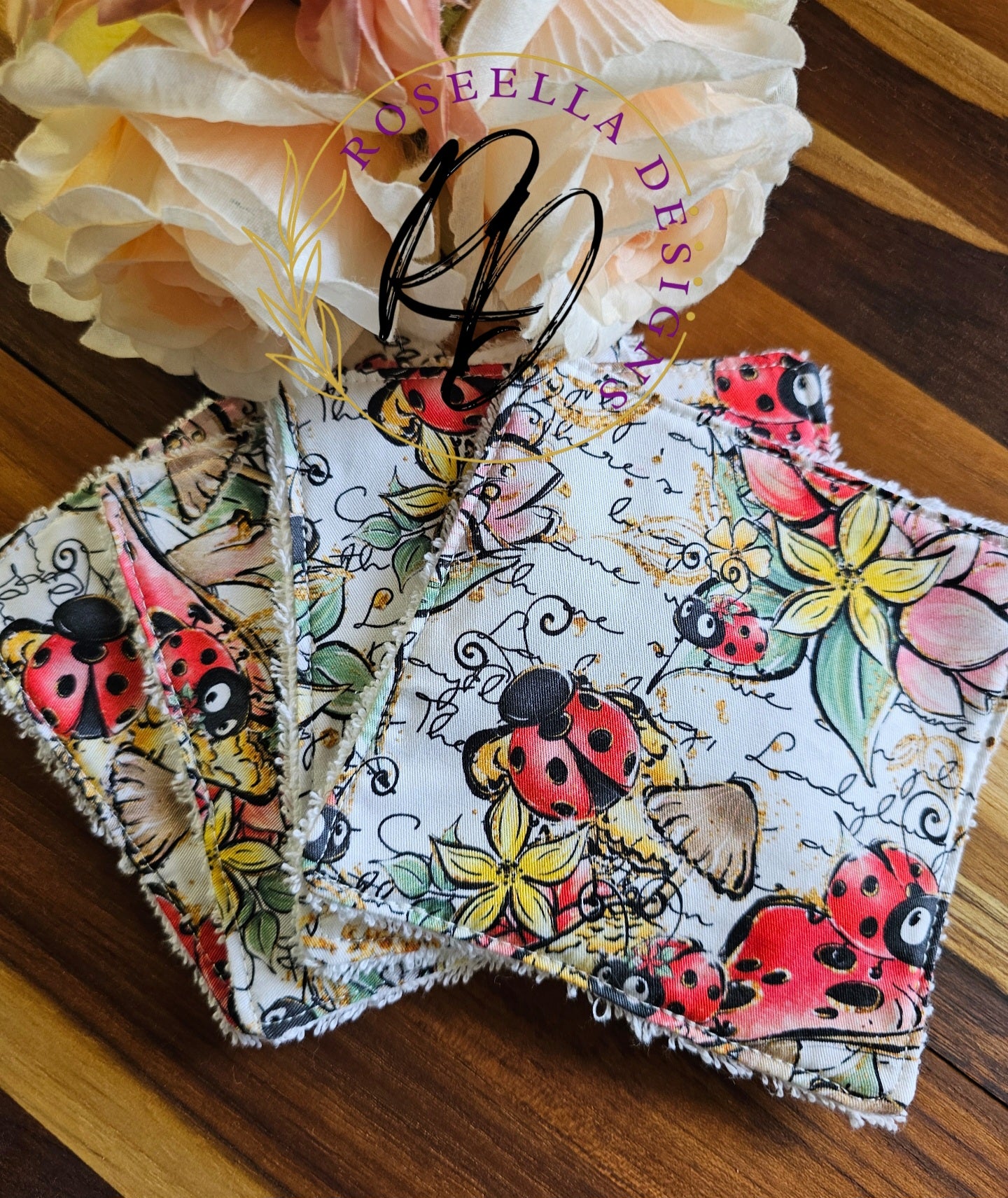 SMALL set of 4 Reusable Cotton "Ladybug" Makeup / Face Wipes