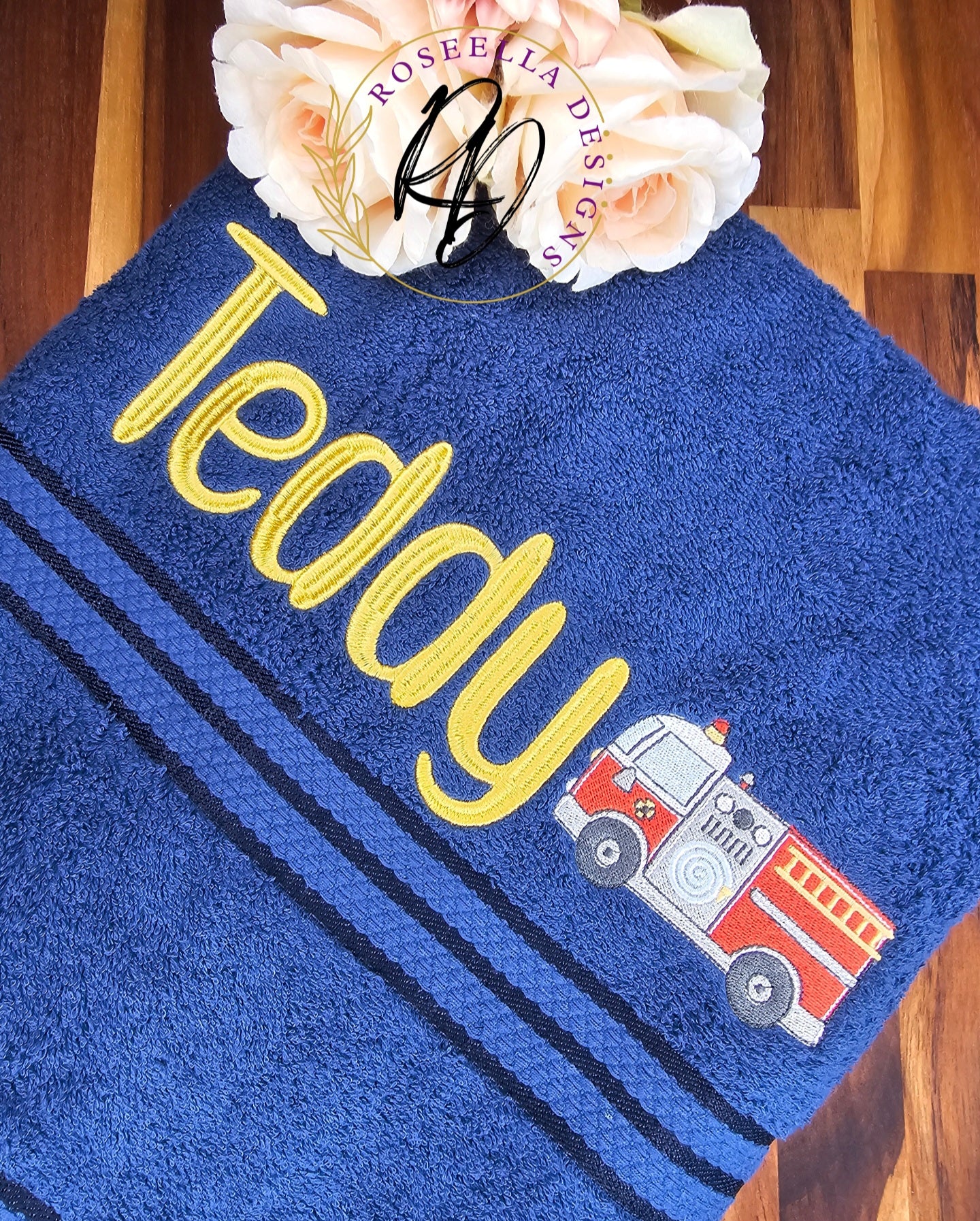Personalised Embroidered Fire Truck Bath Towel