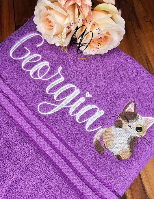 Personalised Embroidered Winking Kitty Bath Towel