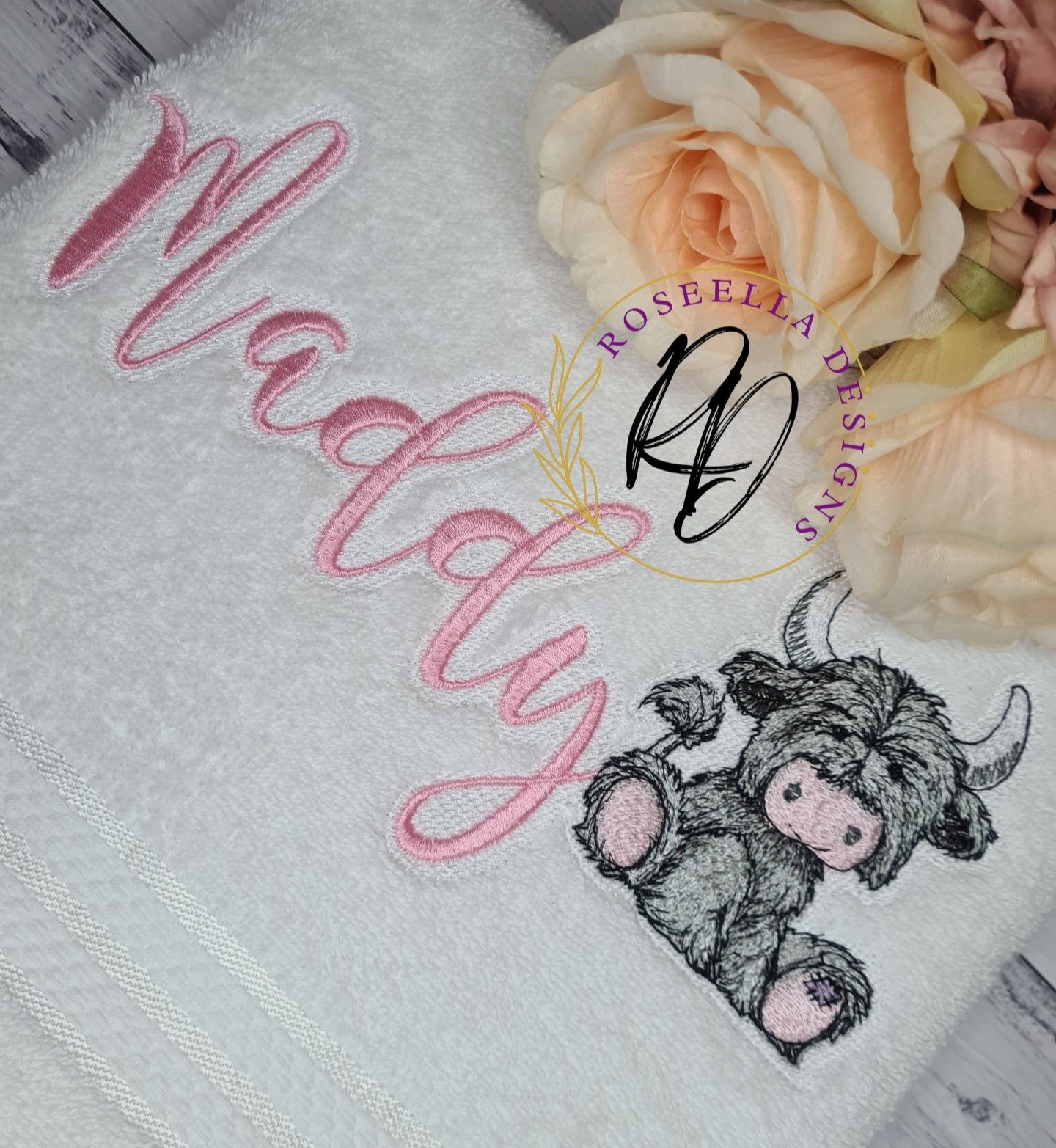 Personalised Embroidered PINK Designs Highland bath Towel