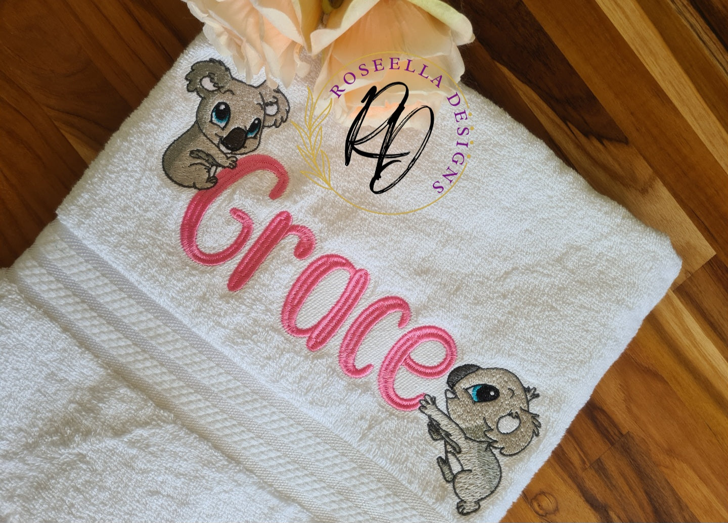 Personalised Embroidered Koala Bath Towel With Two Designs