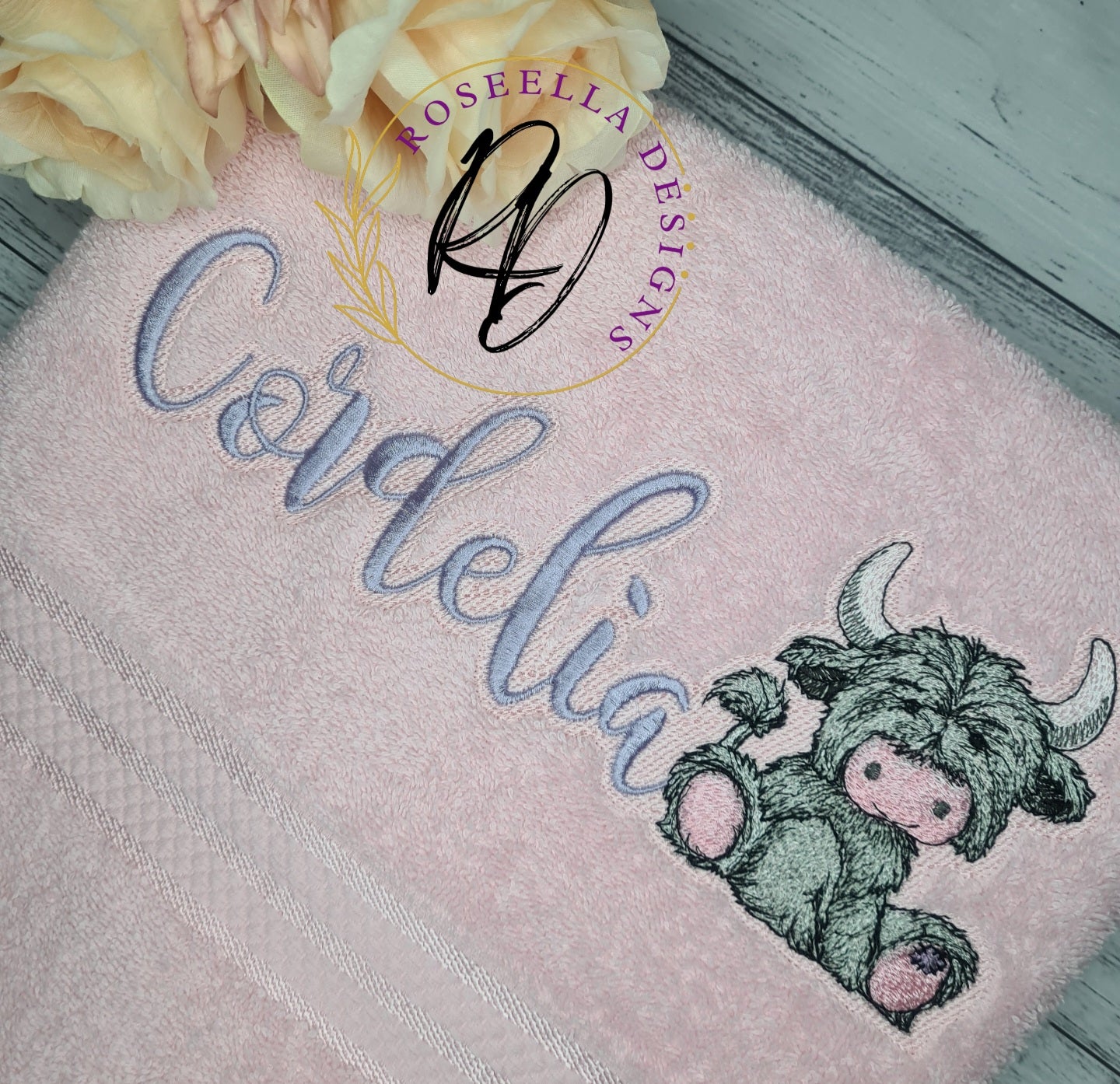 Personalised Embroidered PINK Designs Highland bath Towel