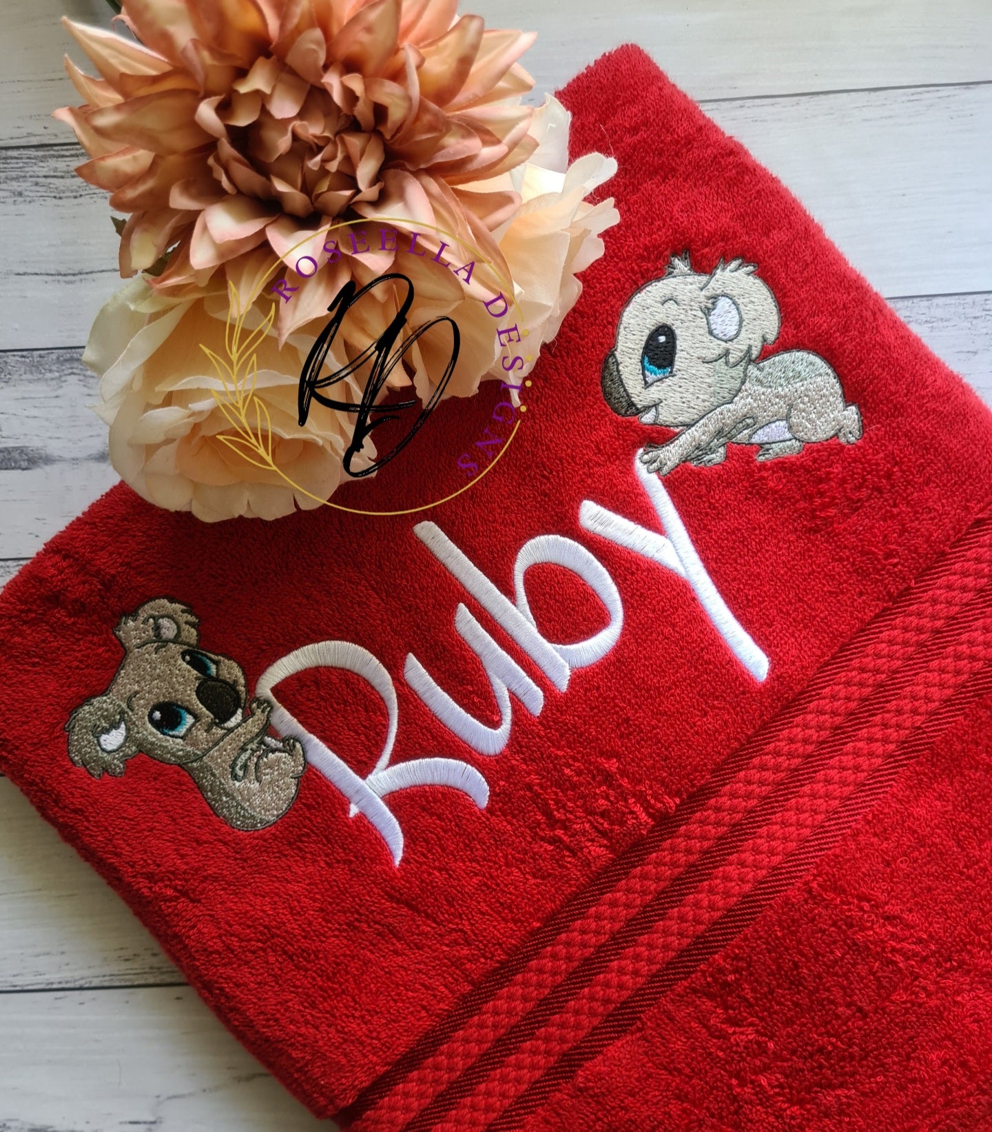 Personalised Embroidered Koala Bath Towel With Two Designs