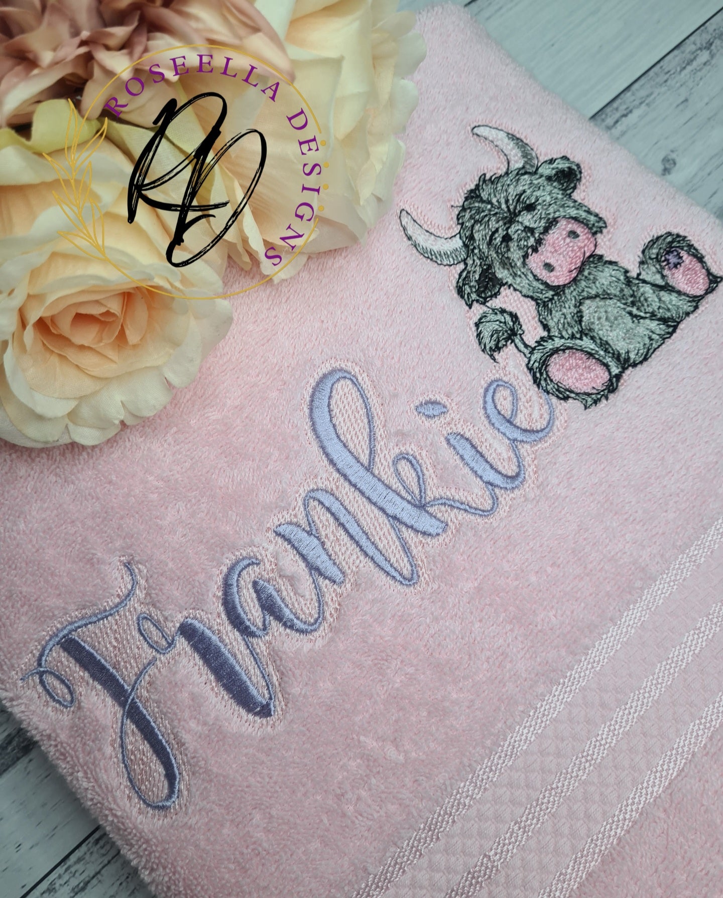 Personalised Embroidered PINK Designs Highland bath Towel