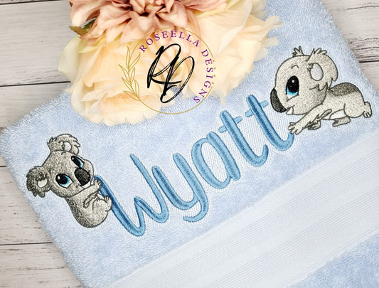 Personalised Embroidered Koala Bath Towel With Two Designs