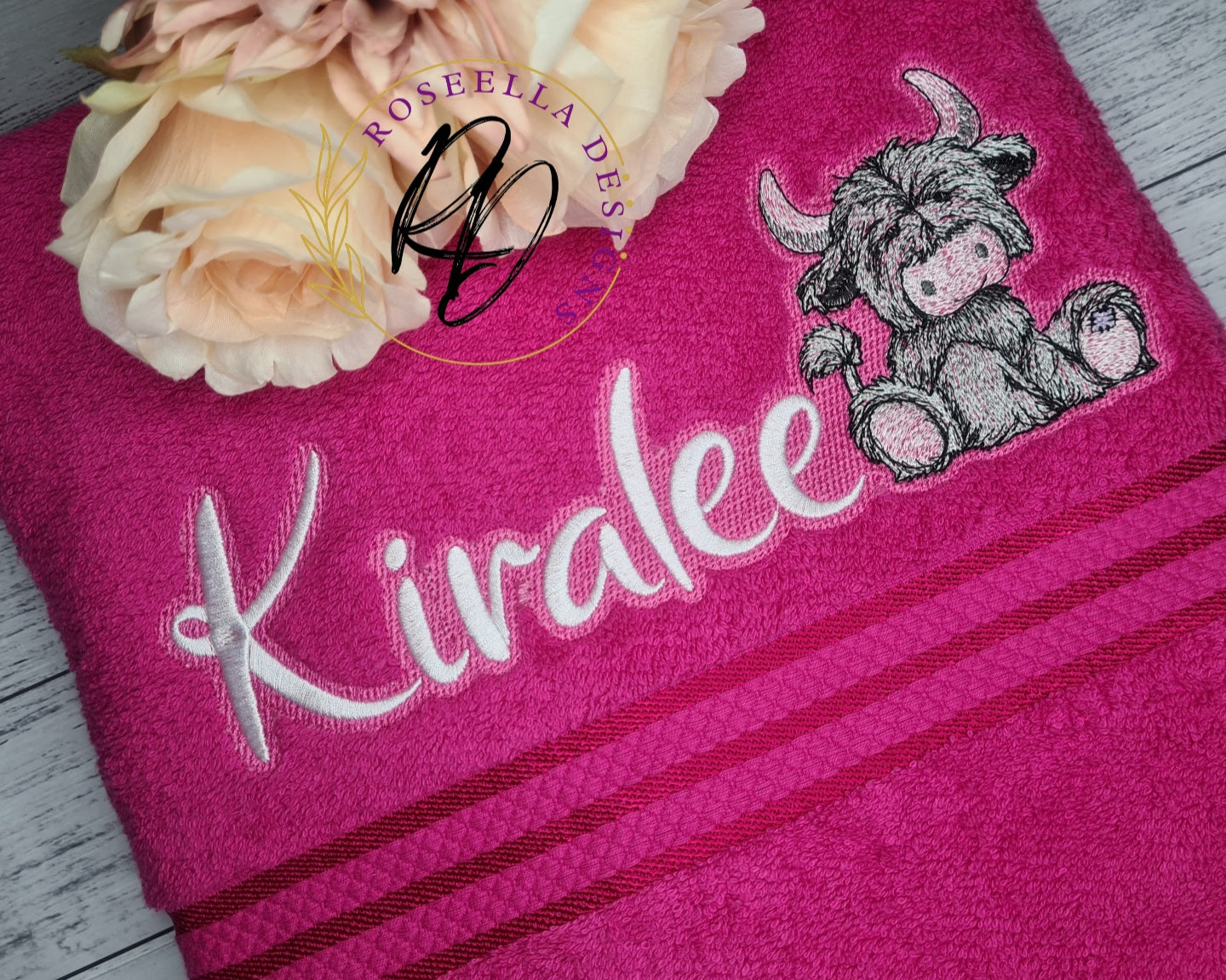 Personalised Embroidered PINK Designs Highland bath Towel