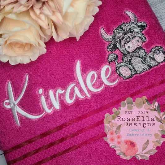 Personalised Embroidered PINK Designs Highland bath Towel