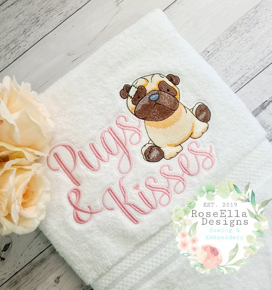 "Pugs & Kisses" Embroidered Bath Towel