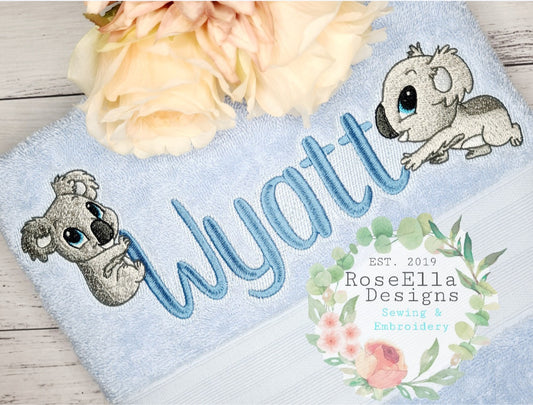 Personalised Embroidered Koala Bath Towel With Two Designs