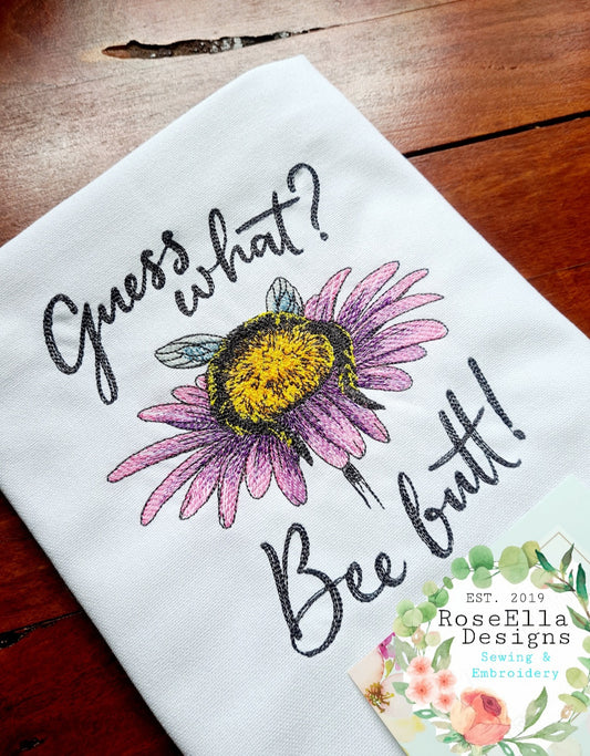 Embroidered Cotton Tea towel "Guess What?"