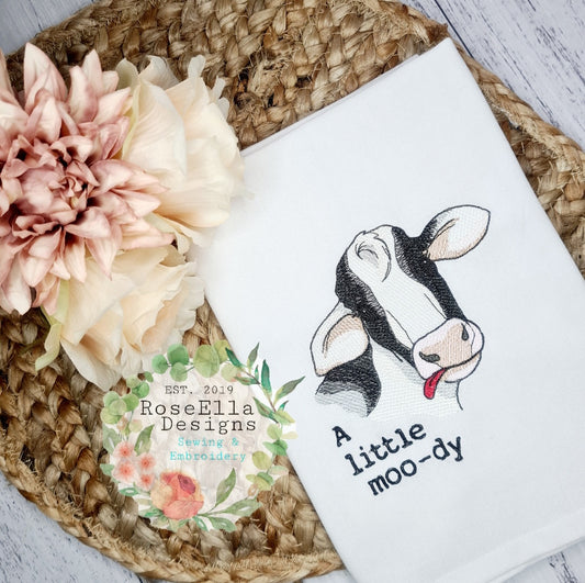 Embroidered Cotton Tea towel "A Little Moo-dy"