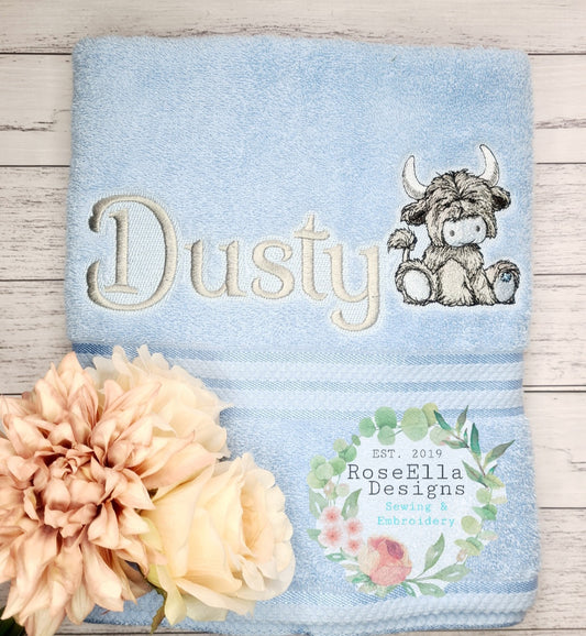 Personalised Embroidered BLUE Design Highland bath Towel