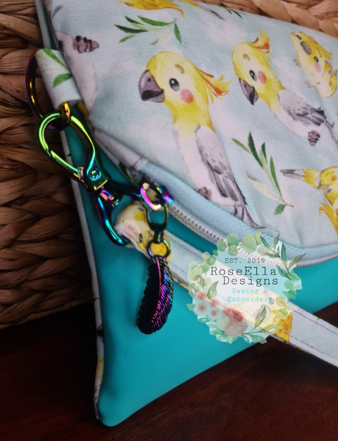 Fold Over Cockatiel Clutch Bag With Vinyl Accents & Removable Matching Wrist Strap