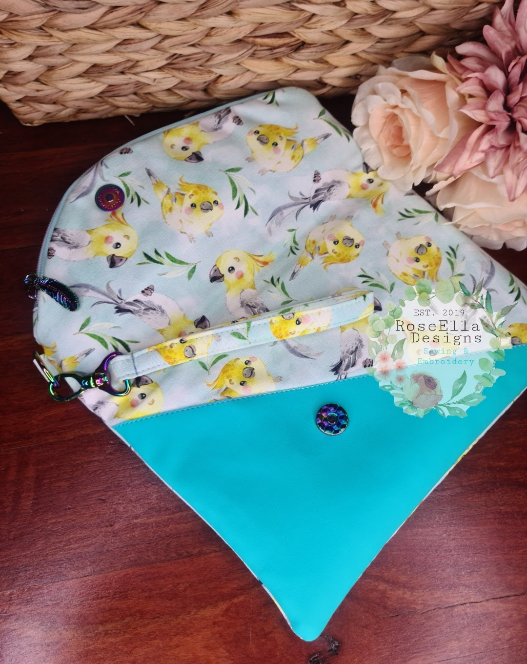 Fold Over Cockatiel Clutch Bag With Vinyl Accents & Removable Matching Wrist Strap