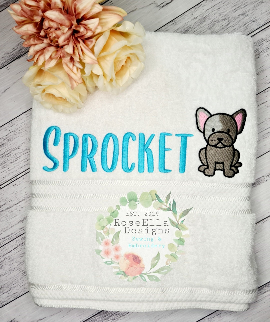 Personalised Embroidered French Bulldog Bath Towel