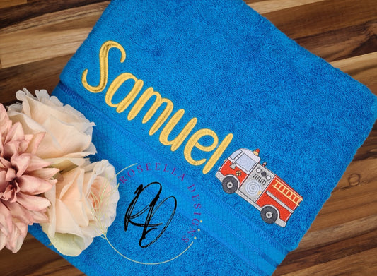 Personalised Embroidered Fire Truck Bath Towel